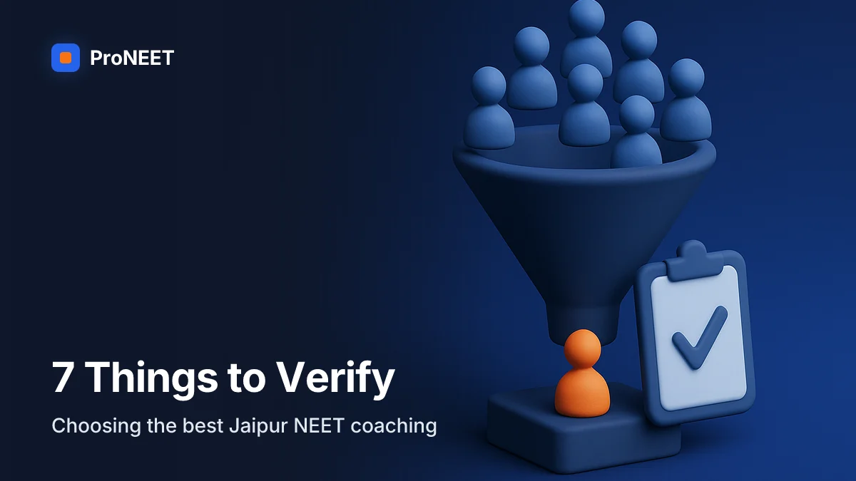 "7 Things to Verify — Choosing the best Jaipur NEET coaching". 3D illustrated cover for "Best NEET Coaching in Jaipur: 7 Things to Check Before You Enrol" on best neet coaching in jaipur.