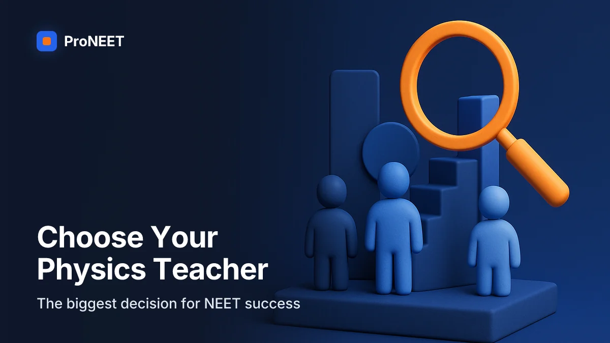 "Choose Your Physics Teacher — The biggest decision for NEET success". 3D illustrated cover for "How to Choose a Physics Teacher for NEET and JEE" on how to choose physics teacher neet.