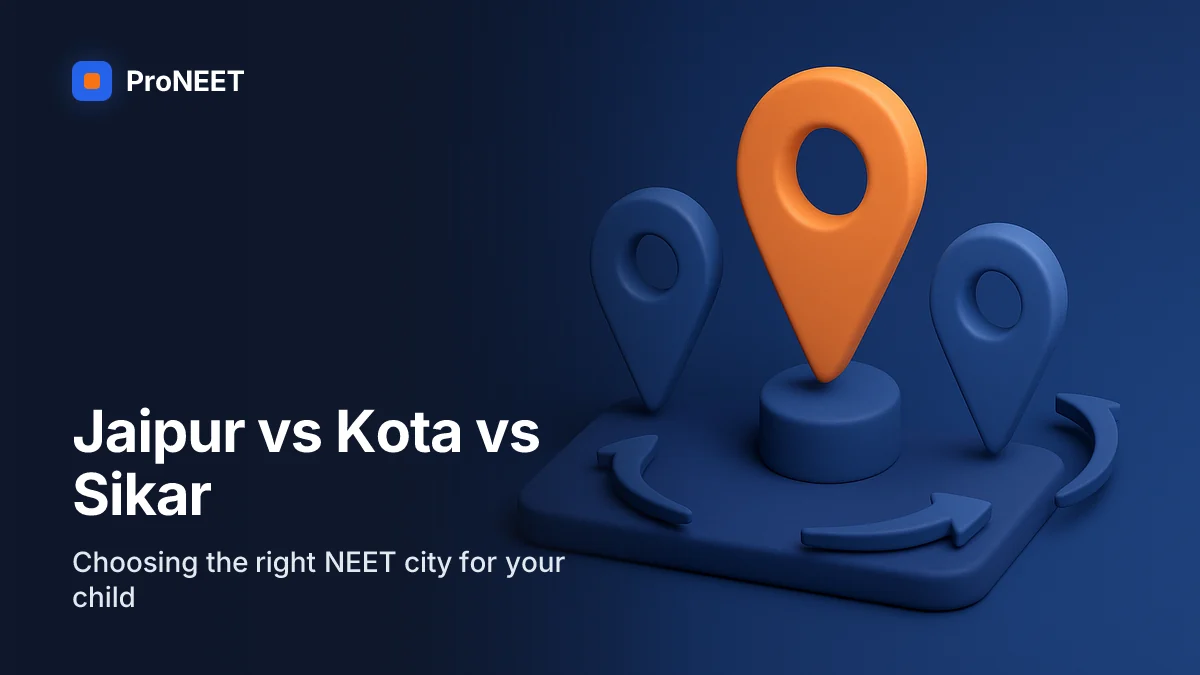 "Jaipur vs Kota vs Sikar — Choosing the right NEET city for your child". 3D illustrated cover for "NEET Coaching in Jaipur vs Kota vs Sikar: The Honest Parent's Guide" on neet coaching jaipur vs kota vs sikar.