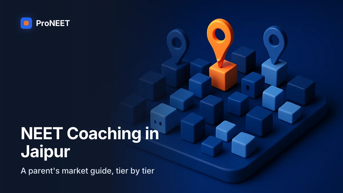 "NEET Coaching in Jaipur — A parent's market guide, tier by tier". 3D illustrated cover for "NEET Coaching in Jaipur: The Parent's Honest Guide" on neet coaching in jaipur.