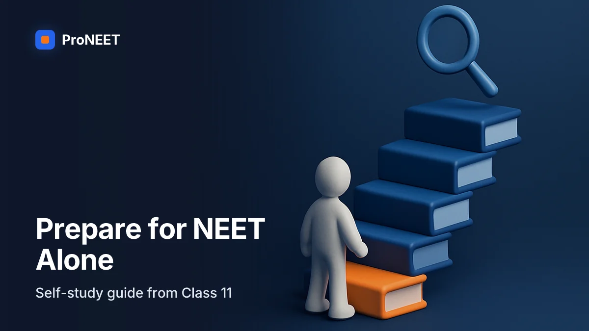 "Prepare for NEET Alone — Self-study guide from Class 11". 3D illustrated cover for "How to Prepare for NEET from Class 11 Without Coaching" on how to prepare for neet from class 11 without coaching.