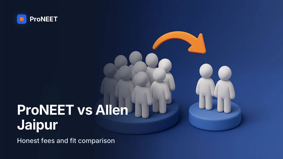 "ProNEET vs Allen Jaipur — Honest fees and fit comparison". 3D illustrated cover for "ProNEET vs Allen Jaipur: An Honest Comparison" on allen coaching jaipur neet fees.